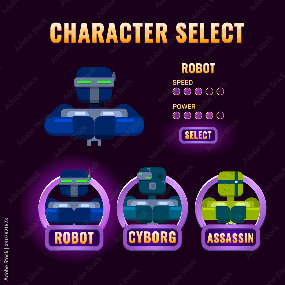 Fototapete purple game ui character selection pop up for 2d gui interface vector illustration