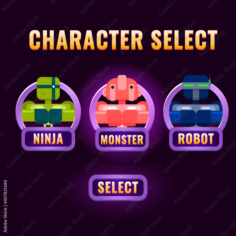Poster rounded purple game ui character selection pop up for 2d gui interface vector illustration