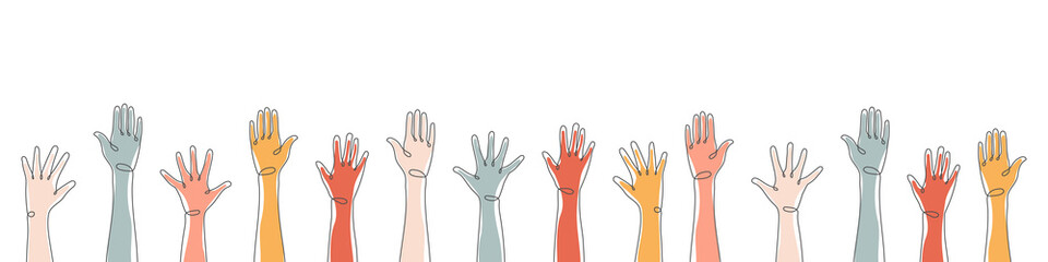 Raised hands. Teamwork, collaboration, voting, volunteering concert. Applause hand drawn. Vector illustration - obrazy, fototapety, plakaty