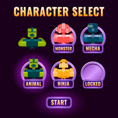 glossy fantasy Game ui character selection pop up for 2d gui interface vector illustration