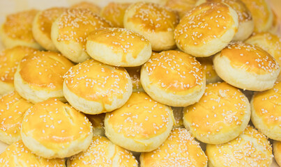 Baked snacks in the supermarket window