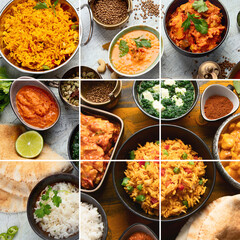 Collage of assorted indian food on black background.. Indian cuisine.