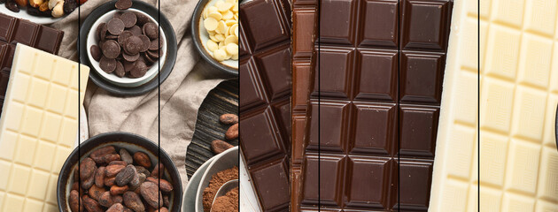 Collage of different types of chocolate and chocolate products