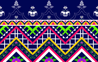 seamless geometric pattern with triangles, It has a blue background with white flowers on top. Wavy and geometric lines.