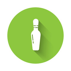 White Bowling pin icon isolated with long shadow. Green circle button. Vector Illustration.