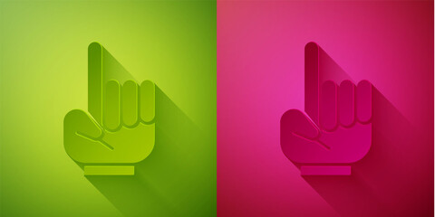 Paper cut Number 1 one fan hand glove with finger raised icon isolated on green and pink background. Symbol of team support in competitions. Paper art style. Vector Illustration.