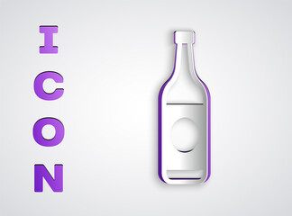 Paper cut Beer bottle icon isolated on grey background. Paper art style. Vector Illustration.