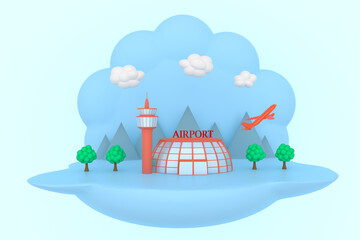 Creative illustration of a scene with an airport, plane, trees, mountains, clouds. 3d render in blue shades.