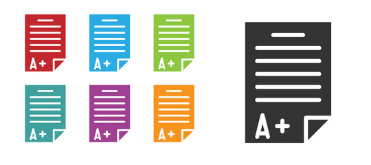 Black Exam sheet with A plus grade icon isolated on white background. Test paper, exam, or survey concept. School test or exam. Set icons colorful. Vector Illustration.