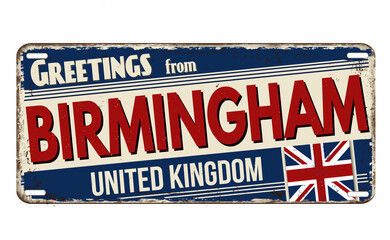 Fototapeta premium Greetings from Birmingham vintage rusty metal plate