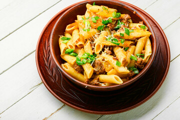 Appetizing pasta with minced meat