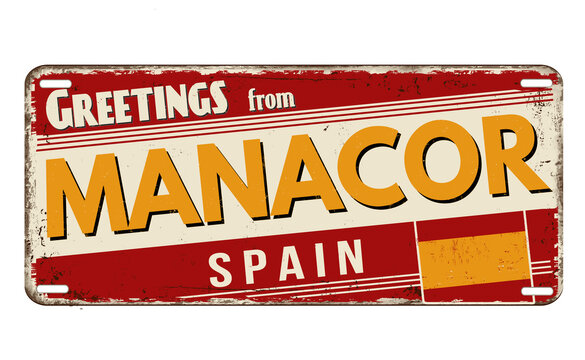 Greetings from Manacor vintage rusty metal plate