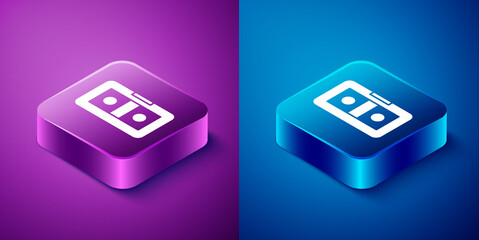 Isometric VHS video cassette tape icon isolated on blue and purple background. Square button. Vector Illustration.