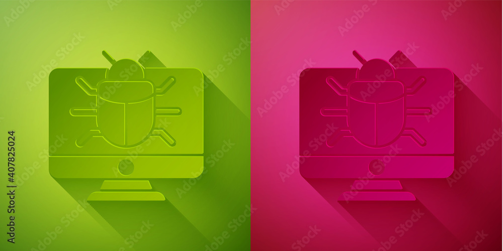 Poster paper cut system bug on monitor icon isolated on green and pink background. code bug concept. bug in