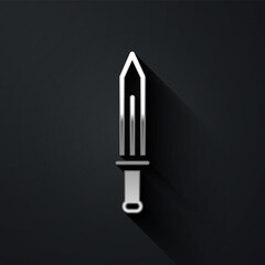 Silver Medieval sword icon isolated on black background. Medieval weapon. Long shadow style. Vector.