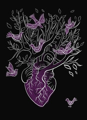 Heart growing a tree and birds. Line-art illustration on a black background.