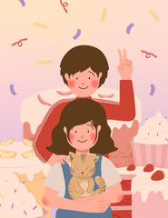 Happy Valentine's day card with cute couple and dessert vector illustration
