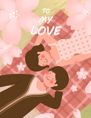 Happy Valentine's day card with cute couple on picnic during romantic date vector illustration