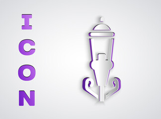 Paper cut Vintage street light icon isolated on grey background. Paper art style. Vector.