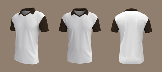 men's short-sleeve collared t-shirt mockup in front, side and back views, design presentation for print, 3d illustration, 3d rendering