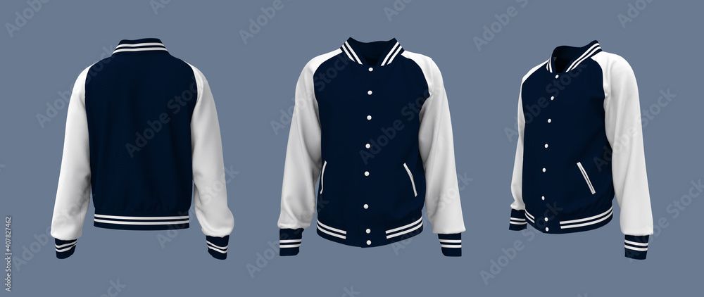 Poster varsity jacket mockup in front, side and back views. 3d illustration, 3d rendering