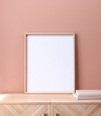 wood frame photo mockup on sideboard  of a pastel color room , 3d rendering