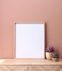  wood frame photo mockup on sideboard  of a room with 2 plant cactus, 3d rendering