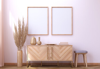 2 wood frame photo mockup of a room with wood furniture 3d rendering