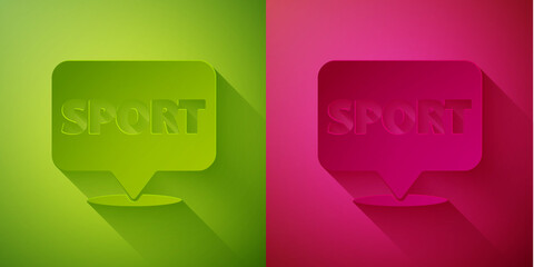 Paper cut Location gym icon isolated on green and pink background. Paper art style. Vector.