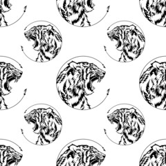 Tiger head roar illustration doodle tattoo design with free hand pen drawing in circle  frame motif black and white Seamless pattern vector with white background for printing 
