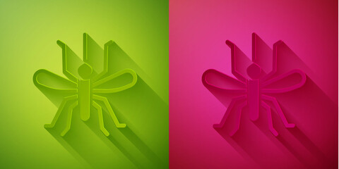 Paper cut Mosquito icon isolated on green and pink background. Paper art style. Vector.