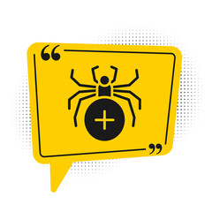 Black Spider icon isolated on white background. Happy Halloween party. Yellow speech bubble symbol. Vector.