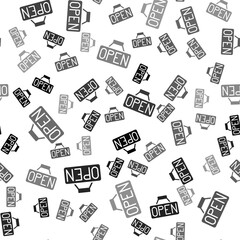 Black Hanging sign with text Open door icon isolated seamless pattern on white background. Vector.