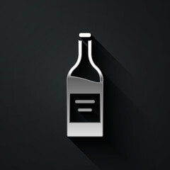 Silver Bottle of wine icon isolated on black background. Long shadow style. Vector.