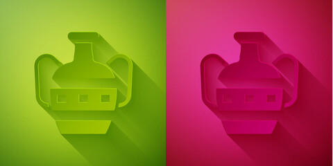 Paper cut Ancient amphorae icon isolated on green and pink background. Paper art style. Vector.