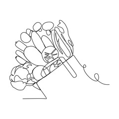 Healthy food clean eating selection: fruit, vegetable, seeds, superfood, cereal, leaf vegetable - Continuous one line drawing