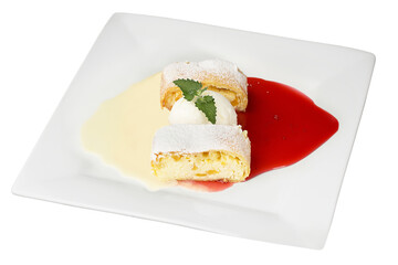 Delicate dessert, sweet cake. Curd cake with a ball of ice cream on a white plate. Restaurant service concept. Isolated.