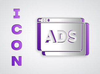 Paper cut Advertising icon isolated on grey background. Concept of marketing and promotion process. Responsive ads. Social media advertising. Paper art style. Vector.