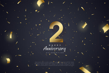 2nd Anniversary with gold number illustration on black background sprinkled with gold paper. - obrazy, fototapety, plakaty