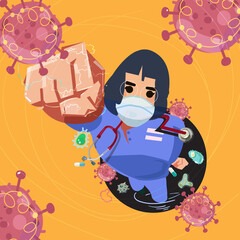 doctor or nurse as super hero in hospital scrubs uniform hitting virus - vector illustration - vector