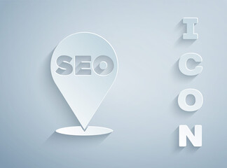 Paper cut SEO optimization icon isolated on grey background. Paper art style. Vector.