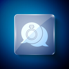 White Diamond engagement ring icon isolated on blue background. Square glass panels. Vector.