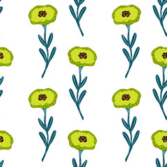 Isolated seamless abstract pattern with doodle yellow flower shapes. White background.