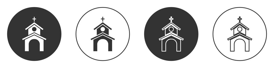 Black Church building icon isolated on white background. Christian Church. Religion of church. Circle button. Vector.