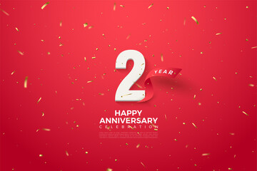 2nd Anniversary with red ribbon illustration curved behind numbers. - obrazy, fototapety, plakaty