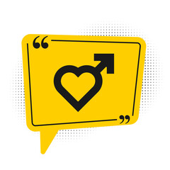 Black Heart with male gender symbol icon isolated on white background. Yellow speech bubble symbol. Vector.
