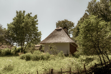 Old, medieval, traditional Ukrainian rural house with wicker hedge and garden with flowers.