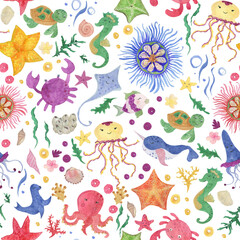 Watercolor painting cute kids seamless pattern with sea baby animals, fishes, crab, star, weed, corals