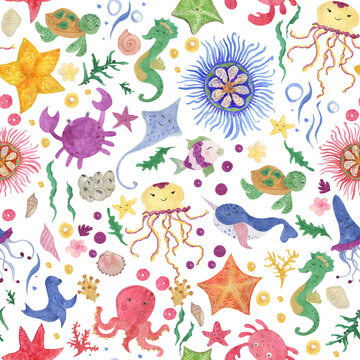 Watercolor painting cute kids seamless pattern with sea baby animals, fishes, crab, star, weed, corals