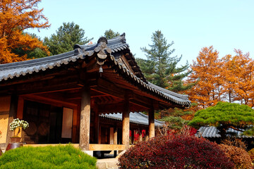 The exterior of a traditional Korean house.